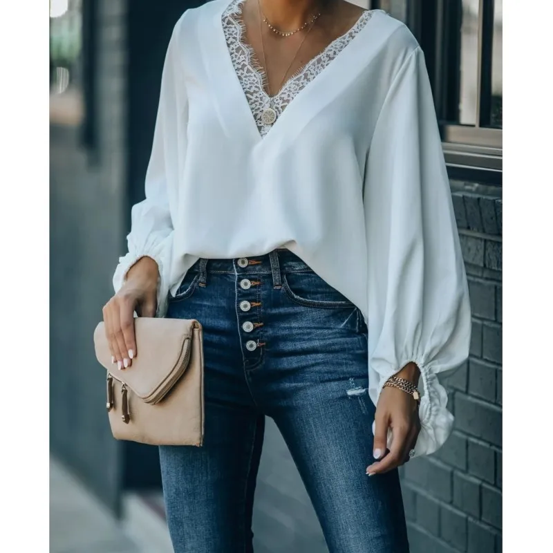 

Spring And Autumn New Lace Splicing Solid Color V-neck Irregular Long Sleeve White Versatile Top Comfortable Casual Loose Shirt