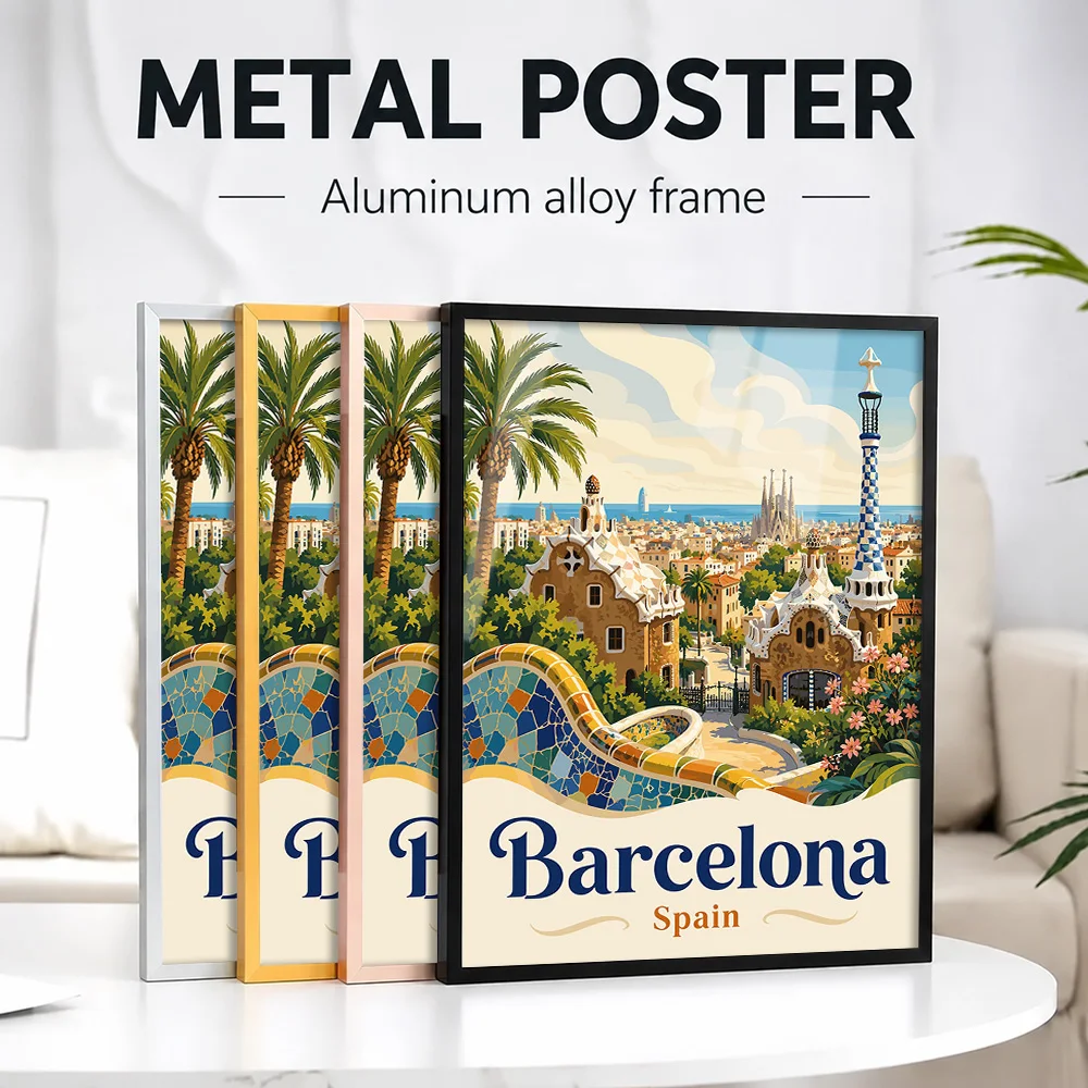 Barcelona Park Guell Travel Framed Aluminum Metal Poster Customized Photo Retro Tourism Style Wall Art For Lounge Explorer Gift
