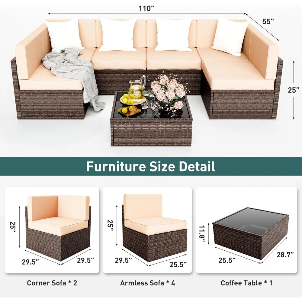 7 Pieces Patio Furniture Set Outdoor Sectional Sofa Conversation Set Rattan Sofa with Coffee Table and Washable Cushions Covers