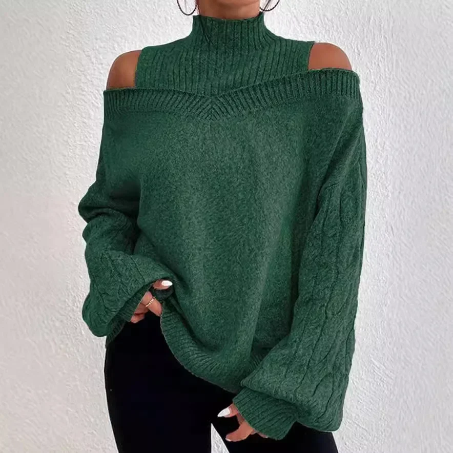 Frauen Stricken Pullover Halb Hohen Kragen Splice Pullover Solide Volle Hülse Off Schulter Pullover Elegante Büro Dame Regelmäßige