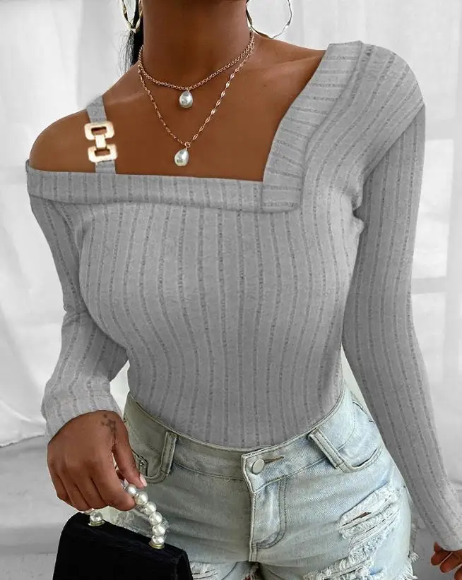 

Top Women 2024 Spring Fashion Cold Shoulder Buckled Ribbed Casual Plain Long Sleeve Skinny Daily Tee Top Y2K Clothes