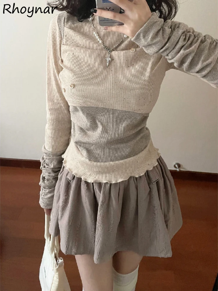 

Sets Women Leisure Ulzzang Daily Knitted Patchwork Designed Pullovers Autumn Ruffles Gentle Mini Skirts Popular Ins Student OOTD