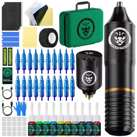 Black/Green Tattoo Machine Kit Wireless 1350mAH Battery Rotary Tattoo Machine Pen Set With 5ml Tattoo Pigments Cartridge Needles