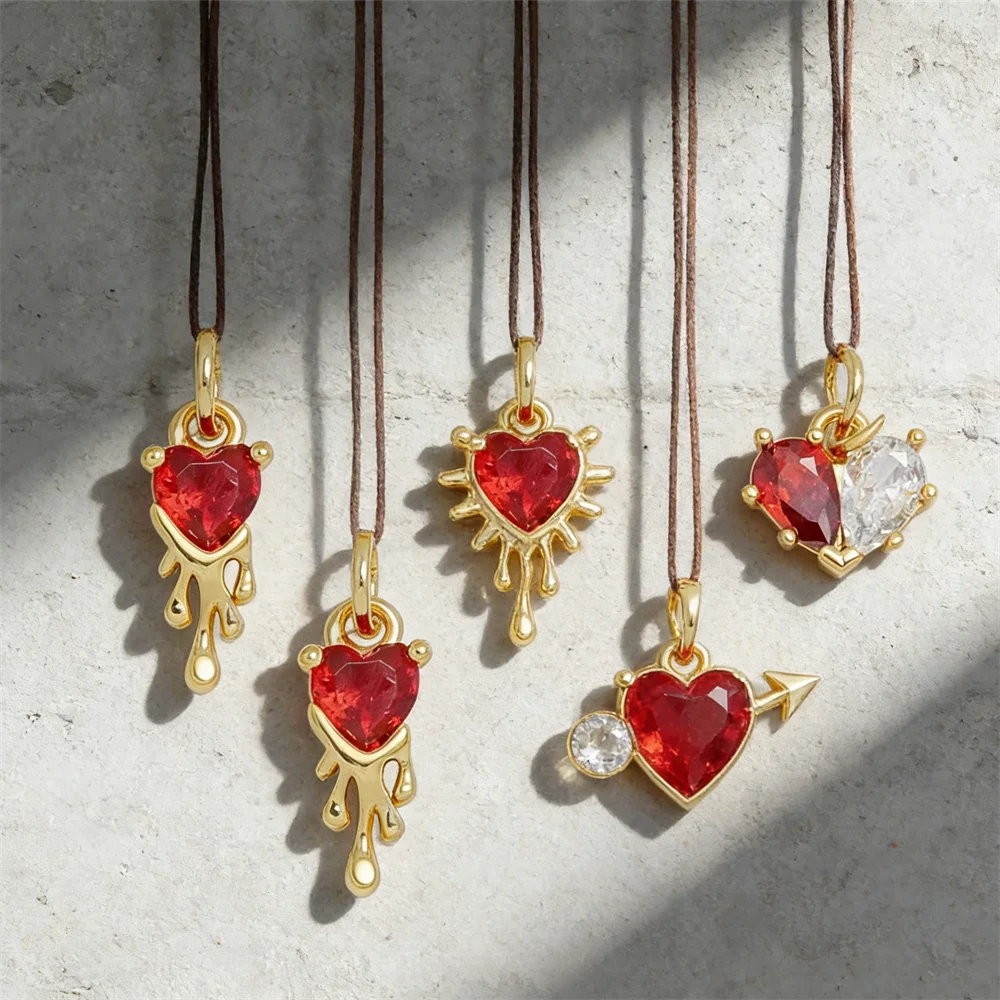 

4Pcs Pendants Brass Red Zircon Heart Arrow LOVE Hollow Geometric Charms for DIY Jewelry Accessories Necklace Bracelet Women Men