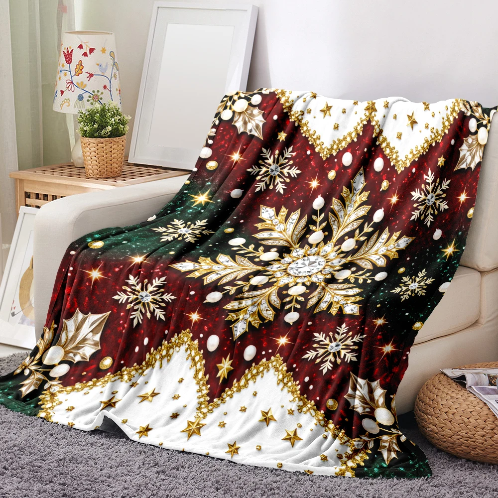 1PC luxurious gold snowflake and pearl print blanket-made of soft, fluffy flannel, perfect for a sofa, bed or lounge chair. An e