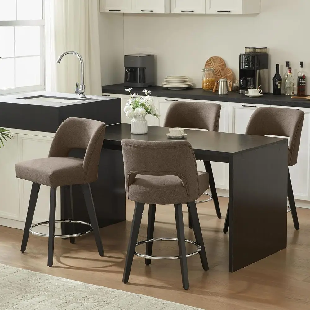 

Set of 4 Upholstered Swivel Bar Stools, Counter Height, Rubberwood Legs, Brown