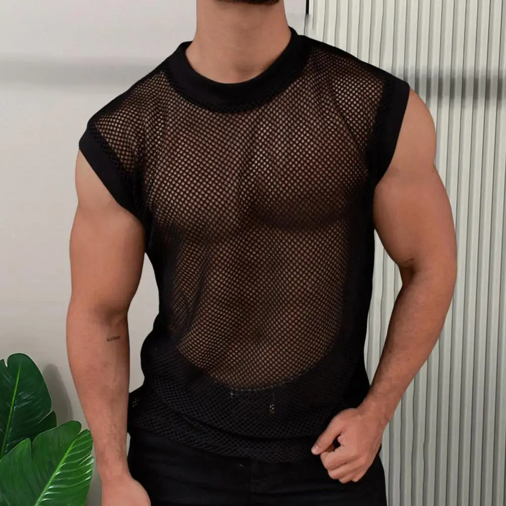 Men Round Neck Mesh Tank Mesh Tops Breathable Mesh Sleeveless Vest for Men Loose Fit Summer Streetwear See-through Design image 6