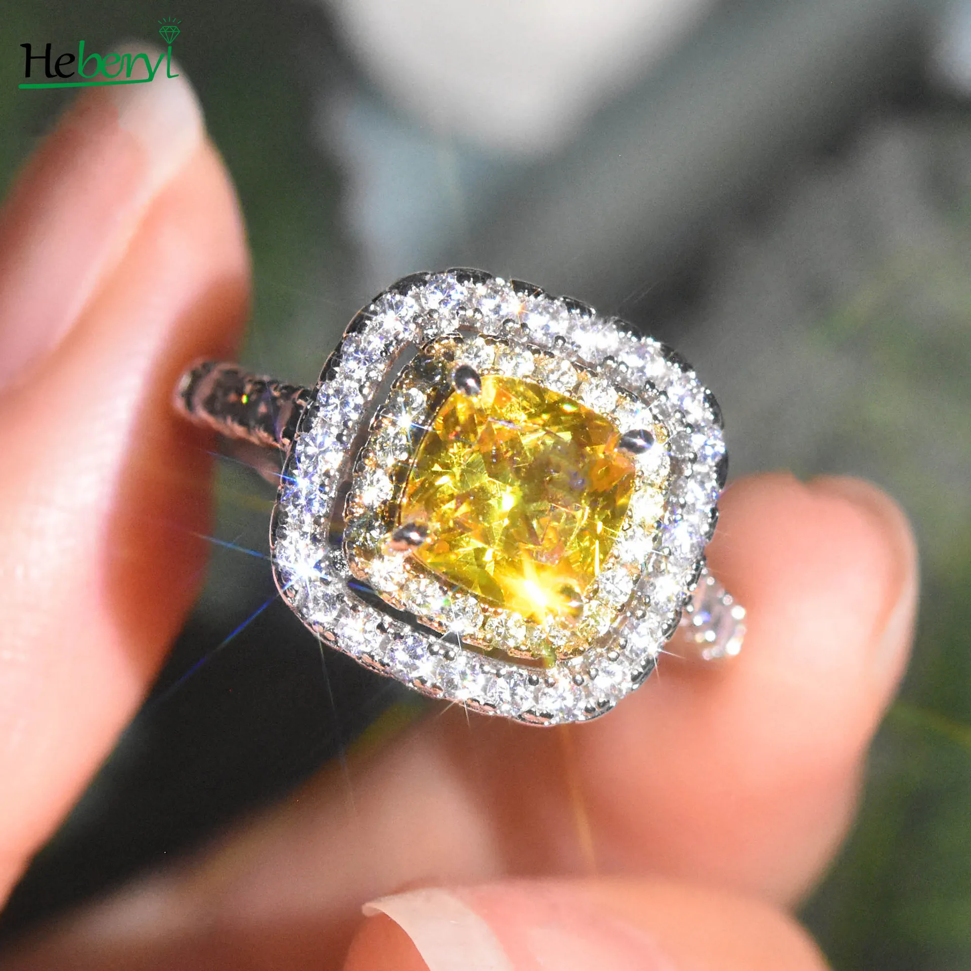

Silver Mozambican Square Set Ring Sweet Yellow Diamond Princess Square Diamond Valentine's Day Gift Fine Jewelry for Women