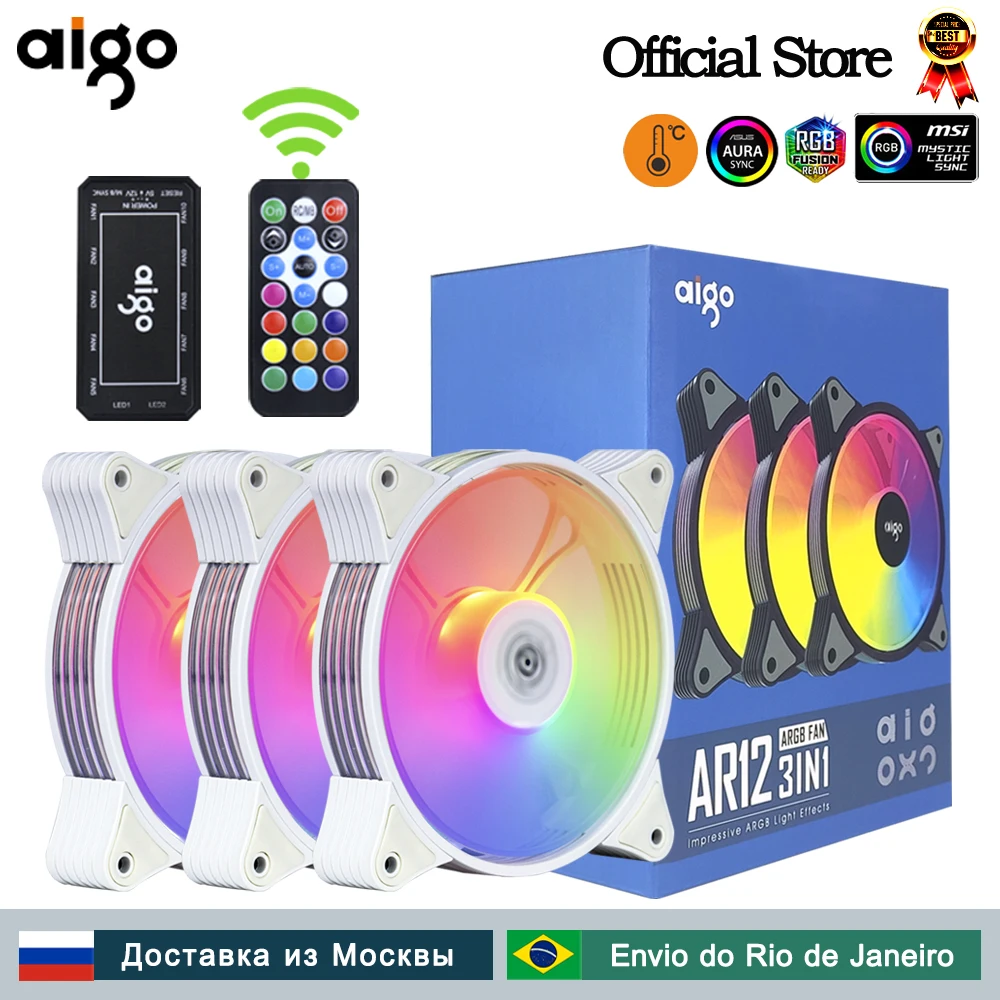 Aigo AR12 biały 120mm Wentylator do obudowy komputera PC Chłodzenie Chłodnica 6PIN Regulowany RGB Led 12cm Wyciszenie Wentylator Regulacja prędkości Wentylatory ARGB 5V