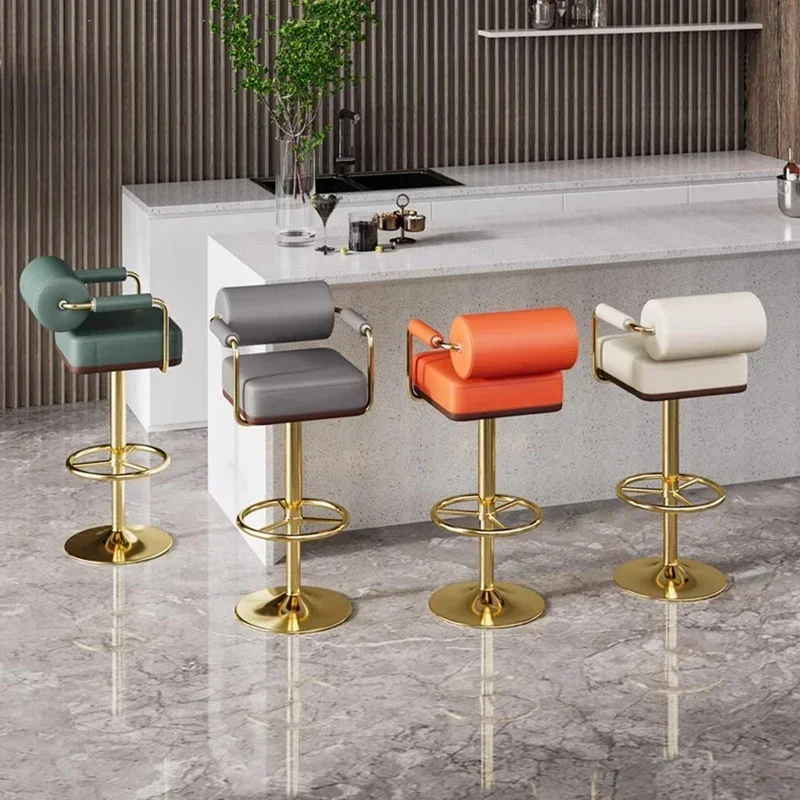 Couro Ajustável Bar Stool, Bar Chair, Cadeira Alta, Luxo Minimalista, Metal, Cozinha Ilha