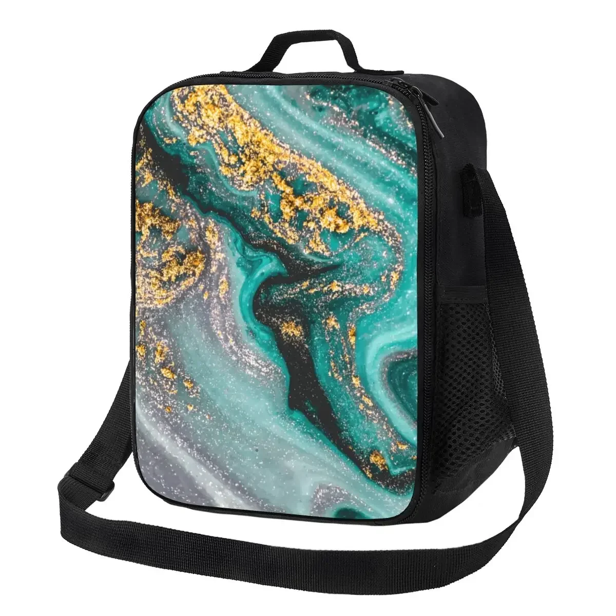 

Turquoise And Gold Marble Insulated Lunch Bag for School Office Scandinavian Abstract Texture Cooler Thermal Lunch Box Children