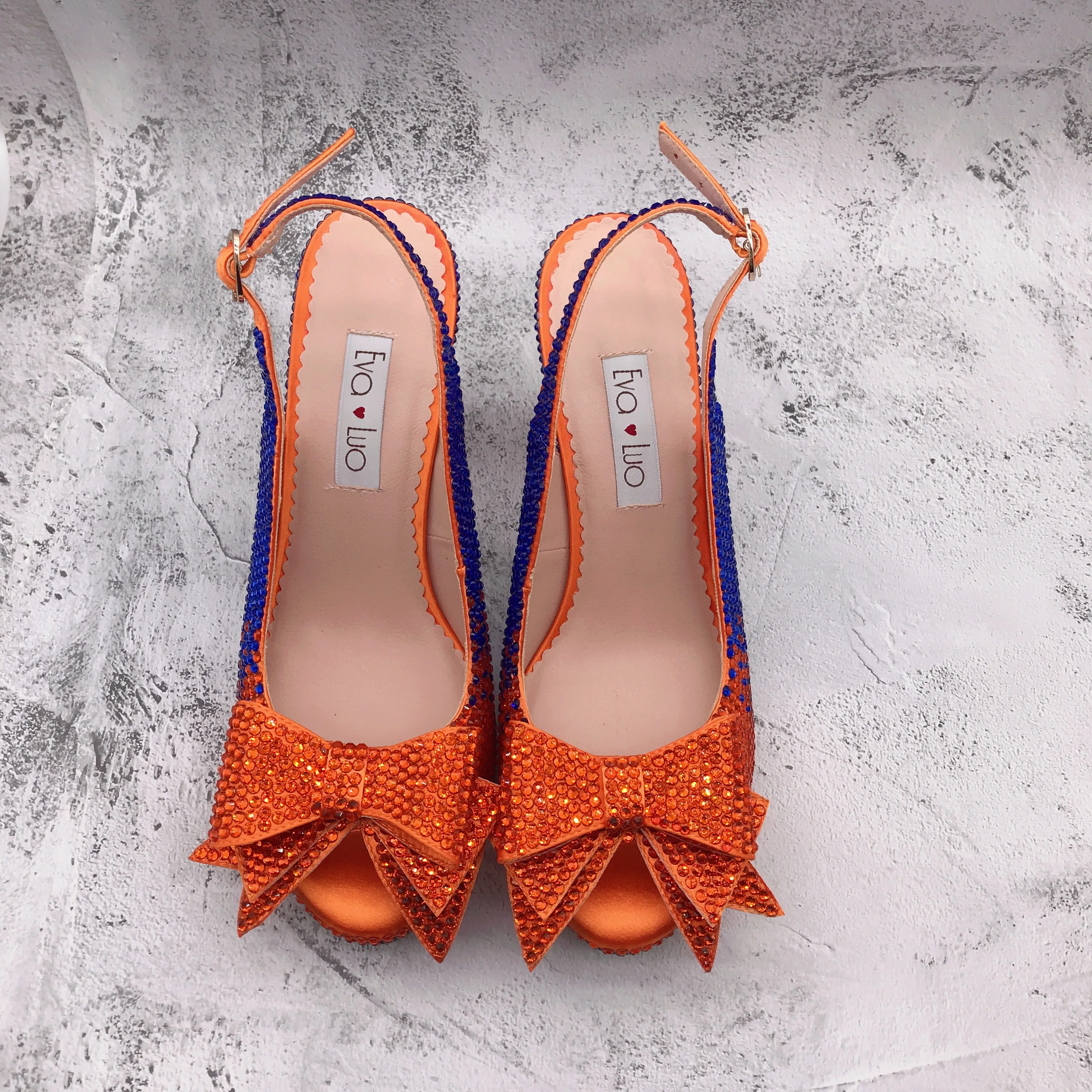 CHS1514 DHL Custom Made orange Blue Crystal Bow Slingbacks Block Heel Women Shoes High Heels Dress Pumps Bridal Wedding Shoes