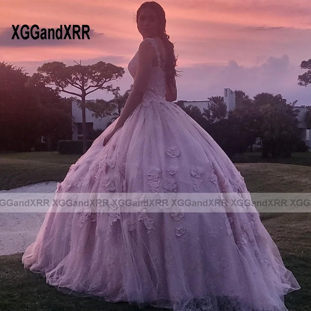 Mooie Roze Baljurk Quinceanera Jurk 2024 3d Bloemen Tule Prinses Sweet 16 Vestido De Xv Años Brithday Party Jurk V-Hals