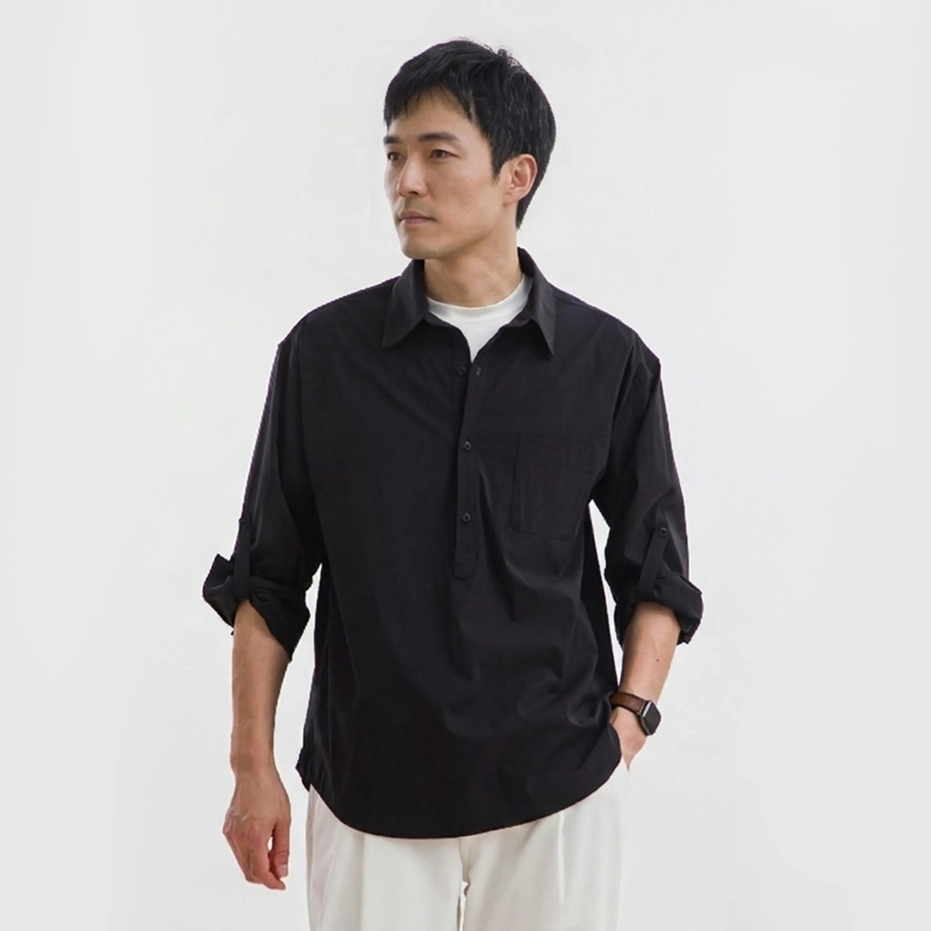 

Unisex Crinkle Texture Shirt Half-Placket Turn-down Collar Loose Fit Roll-up Sleeves Casual Spring Summer Top