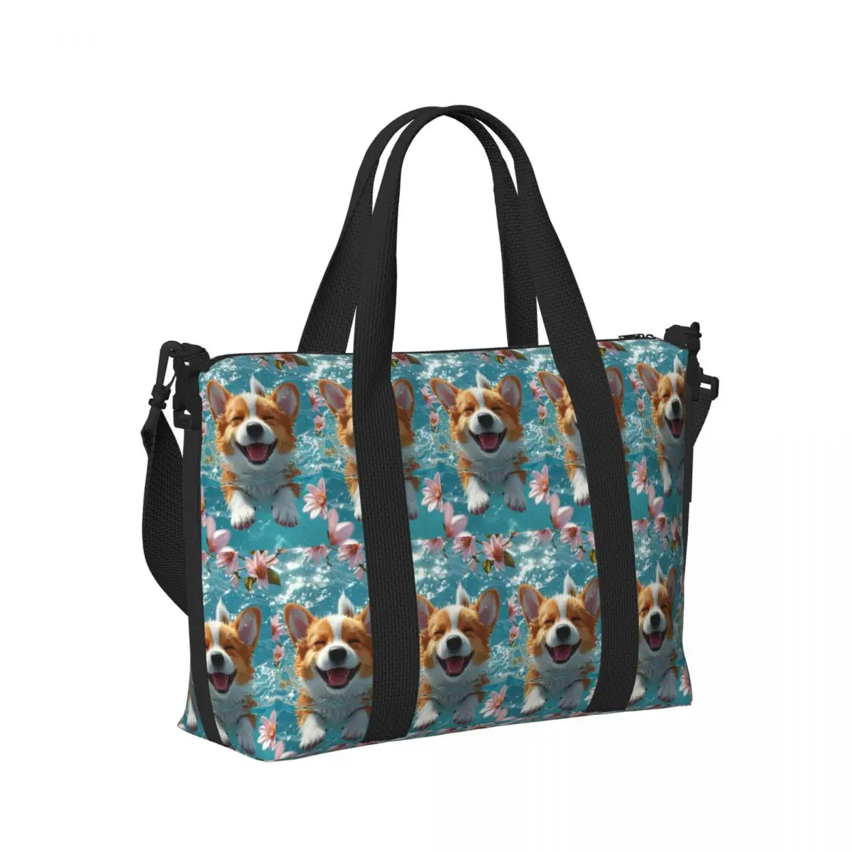

Large Cute Corgi Puppy Pembroke Welsh Corgi Dog Beach Travel Bag Tote Bags for Gym Yoga Women Shopping Duffle Shoulder Bag