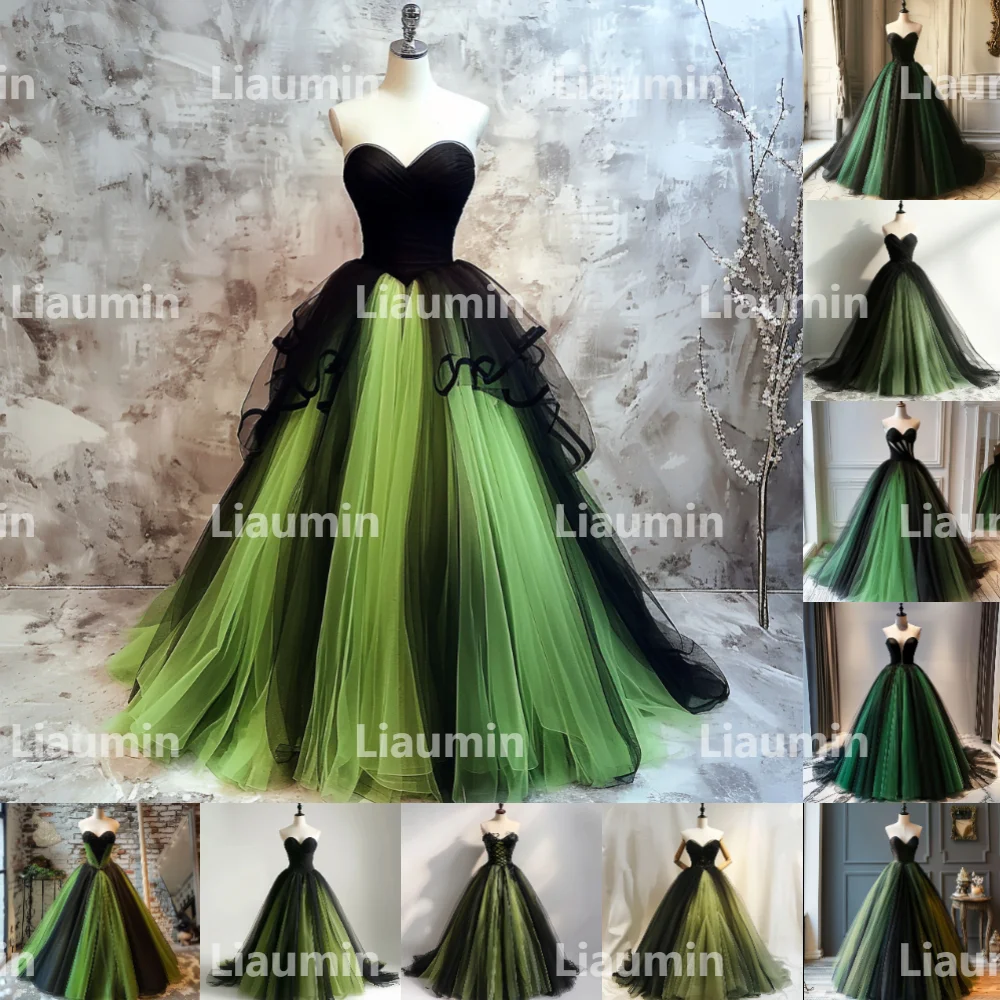 Gaun Prom malam tanpa tali Tulle hitam hijau gaun pengantin panjang penuh pakaian pesta acara Formal W15-38 kustom