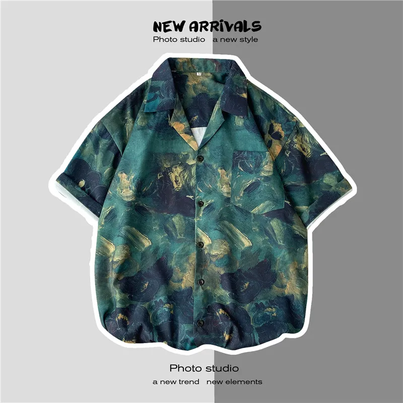 Retro Print Five-Quarter Sleeve Men's Shirt Loose BF Couple Style Casual Lightweight Summer Fashion Youth  Shirt