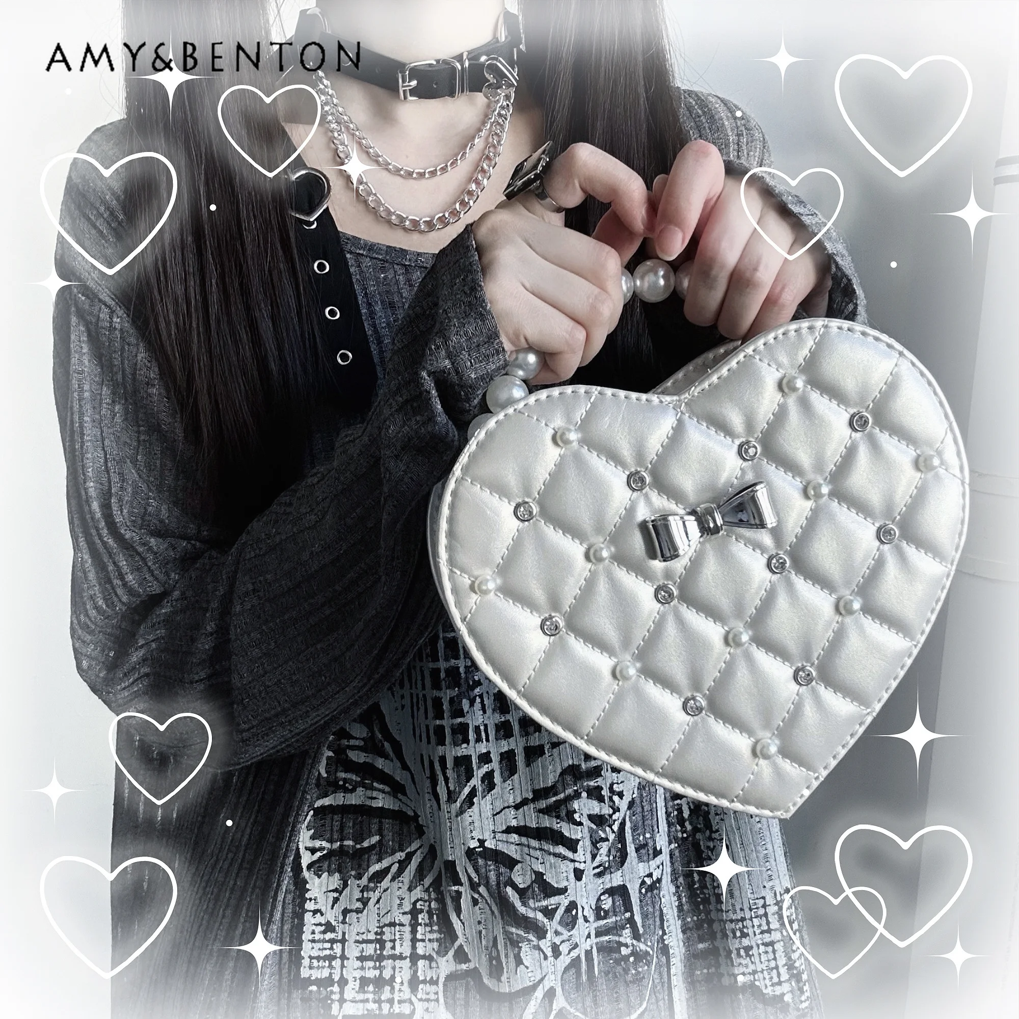 Sweetheart Girl Mass-Produced Japanese Pearl Rhinestone Bow Mine Series Heart Handbag Korean Ins Daily Shoulder Bag Women