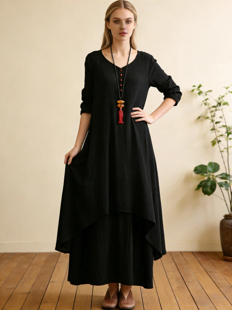 Abito estivo elegante in lino maxi tinta unita Abito casual a maniche lunghe con scollo a V Abito ampio Boho Abiti vintage con orlo asimmetrico