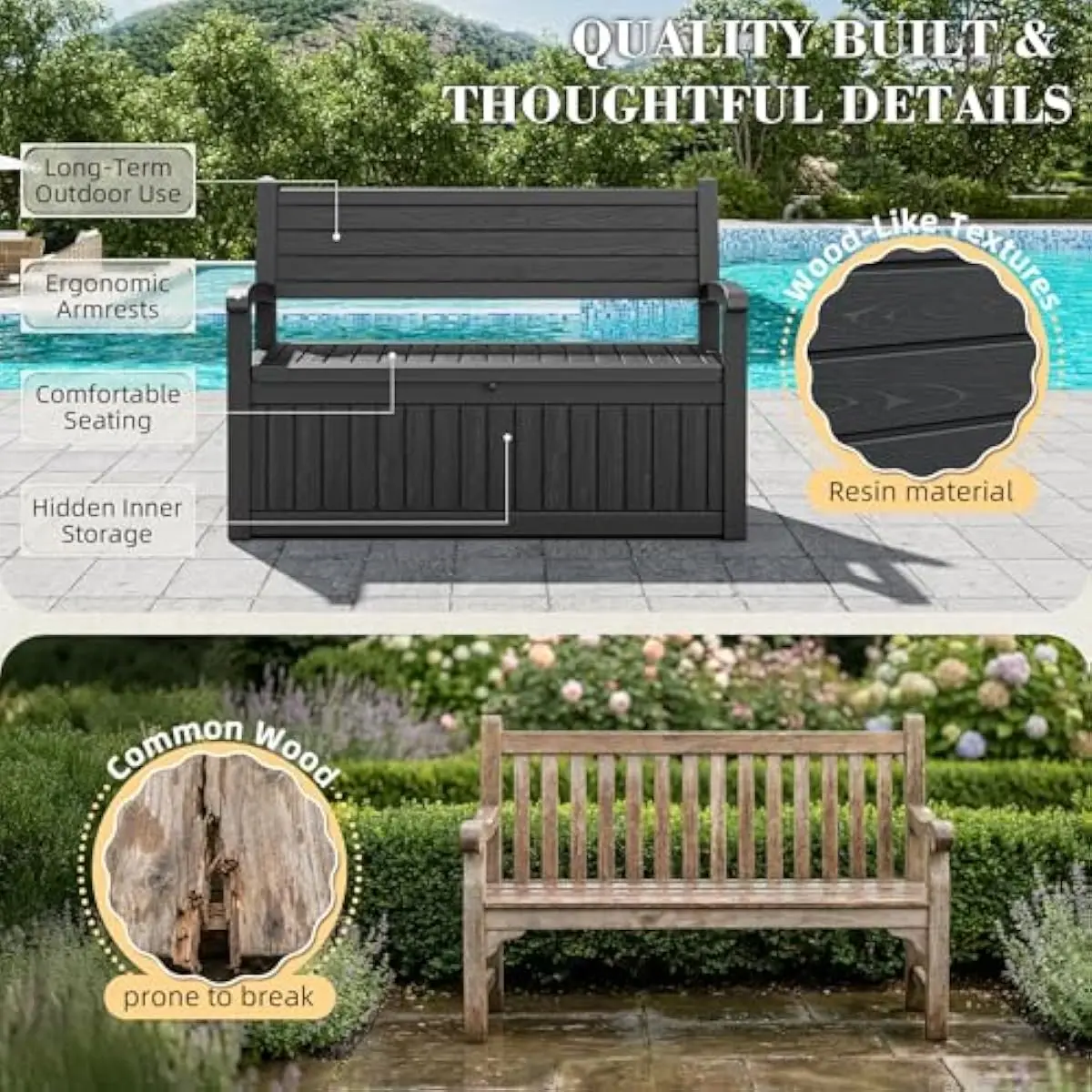80 Gallon Outdoor Storage Bench Deck Box Waterproof Resin, Lockable Patio Furniture with Seat for Garden Tools Cushions - view 4