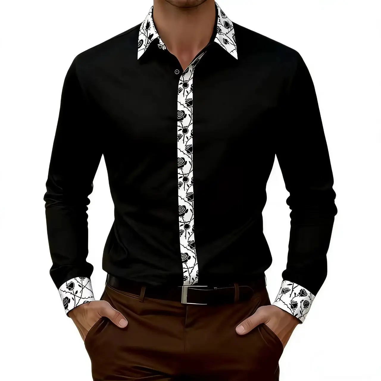 Men's fashionable formal shirt, long sleeved shirt with floral pattern splicing, daily, comfortable, high-quality