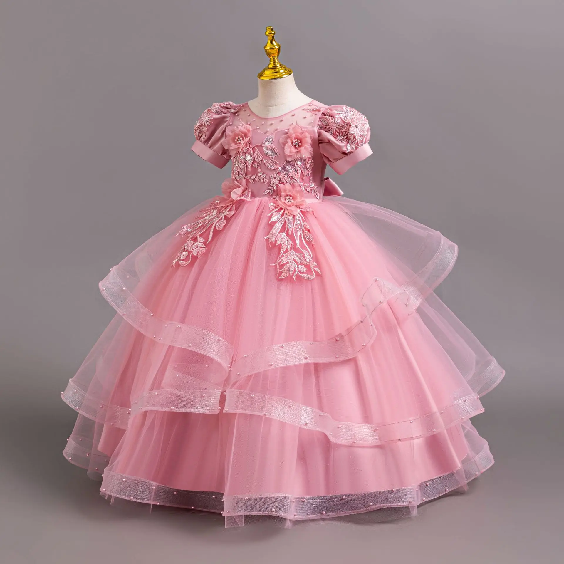 New Girl Kids Stereo floral tulle Lace Birthday Party Dinner Dress Girl puffy Sleeve New Christmas Party Princess dress image 4