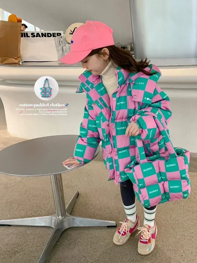 

Short Plaid Parkas For Girls 2024 Autumn Winter Fashion Zipper Down Cotton Jacket Vintage Loose Casual Kids Hooded Coats XMP501