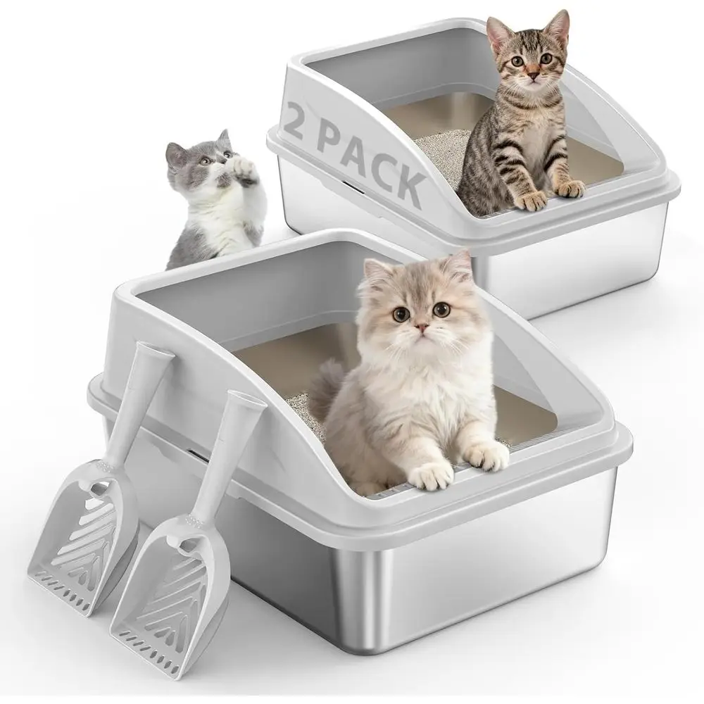 

High-Sided Stainless Steel Litter Box with Lid for Cats, Small Animals, and Injured Pets - Odor-Free, Non-Stick, Includes Scoop