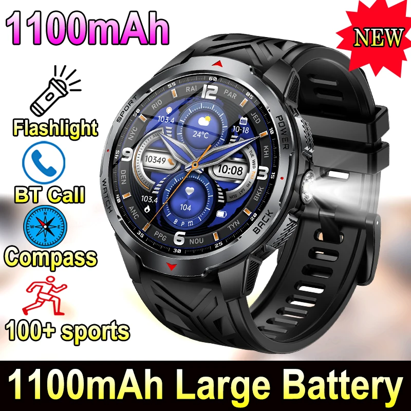 

New Military Smartwatch Men 1100mAh Large Battery Durable Outdoor Sport Strong LED Flashlight Compass BT Call Health Smart Watch