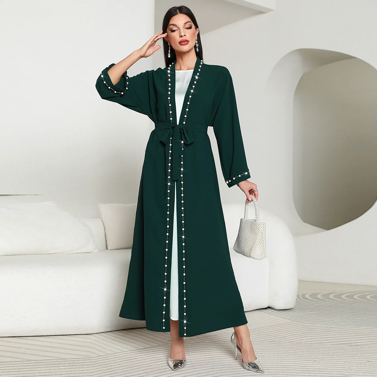 

Dark green retro beaded long outer belt, women's Arabic dress temperament classic luxury women's clothing new dance costume
