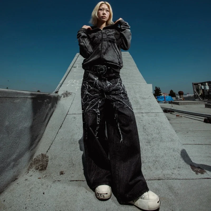 High Street Spider Embroidered Patch Hip Hop Y2K Phantom Jeans Gothic Retro Oversized Pants Baggy Fit Unisex Mopping Trousers