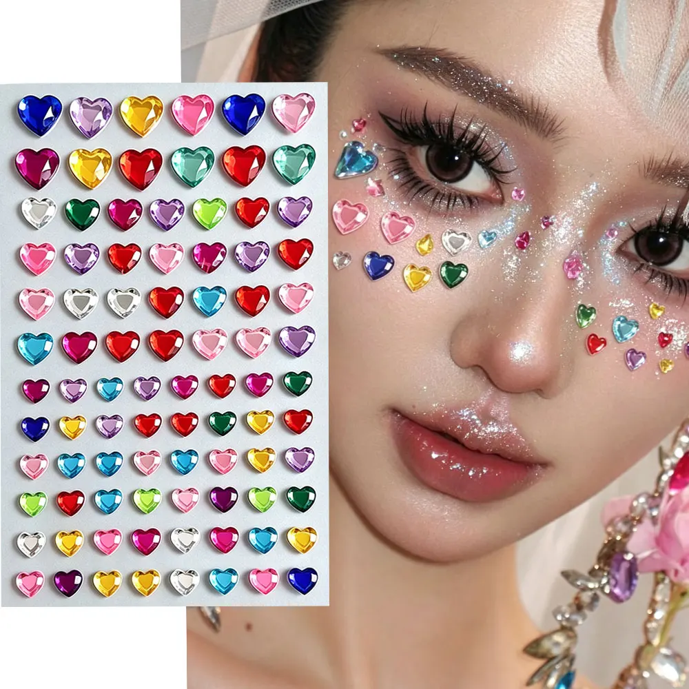 3D Heart & Star Rhinestone Face Stickers Mixed Color Crystal Gem Decals Shiny Acrylic Gems for Makeup Eye Face DIY Nail Craft