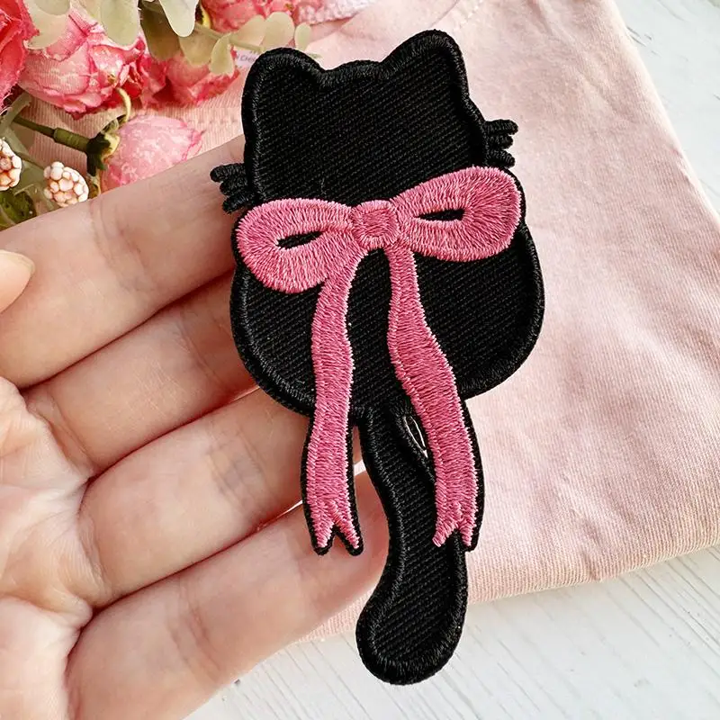 Self-adhesive cloth sticker black bow cat embroidery down jacket patch sticker shoe bag hole repair decorative sticker cartoon