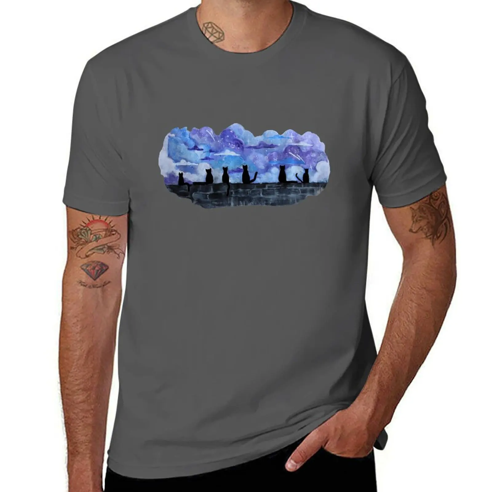 

Cats sitting on a wall with a galaxy behind them T-Shirt man t shirt luxury man t shirts cotton T-Shirt