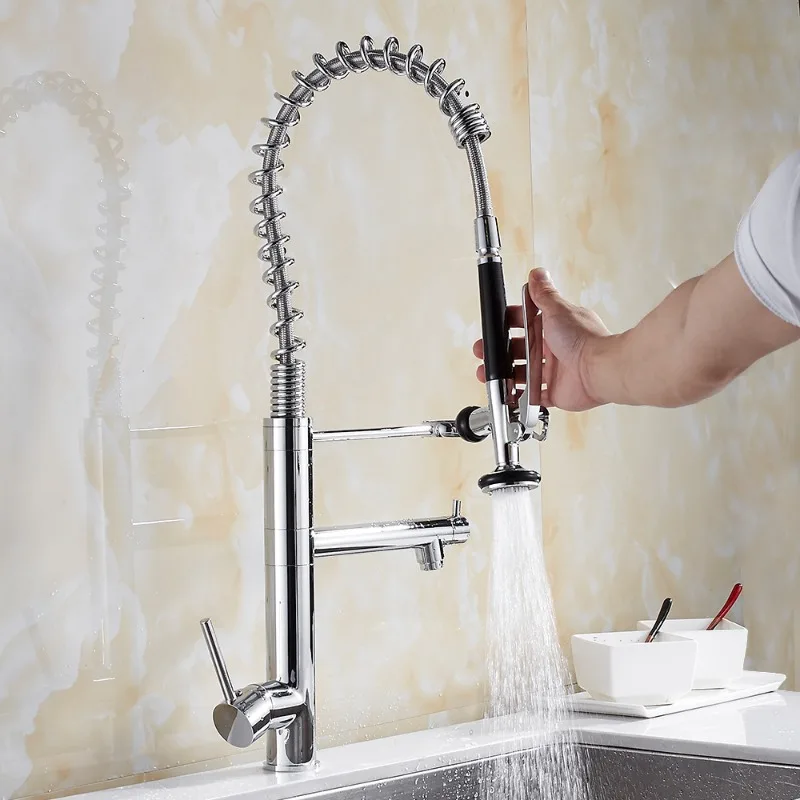 High End Kitchen Rotatable Pull-out Faucet Sink Dual Outlet Hot and Cold Water Single Hole Faucet Brushed Color