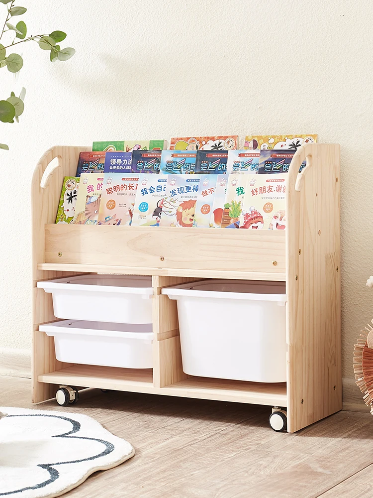 Children's Bookshelf Home Shelf Solid Wood Reading Picture Book Shelf Simple Bookshelf Movable Storage Cabinet Movable