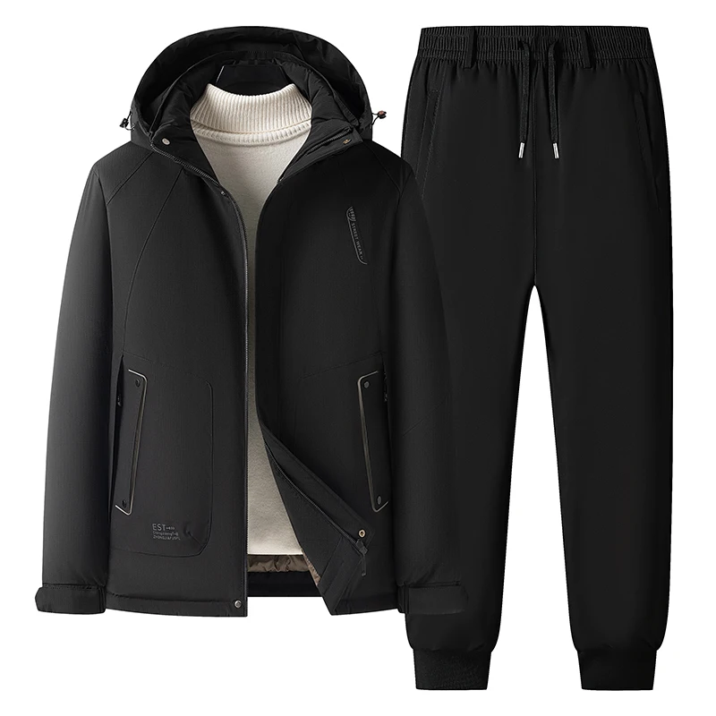 

Мужской комплект: хлопковая куртка с капюшоном на флисовой подкладке и утепленные повседневные брюки на молнии для осени и зимы, однотонные, для города