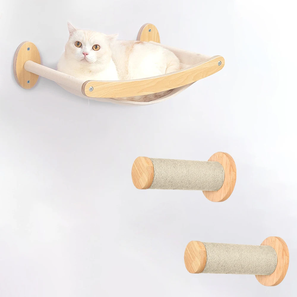 

Cat Hammock Wall Mounted Climbing Shelf Set Wooden Shelf Perch With Scratching Post Premium Kitty Furniture For Sleeping Playing