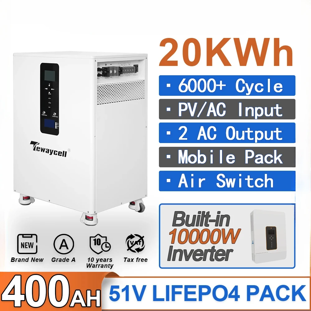 Tewaycell 20KWh Powerwall 51V 48V 400Ah LiFePO4 Battery Pack Buitl-in 200A BMS CAN RS485 Monitor Solar ESS 10KW Output Inverter