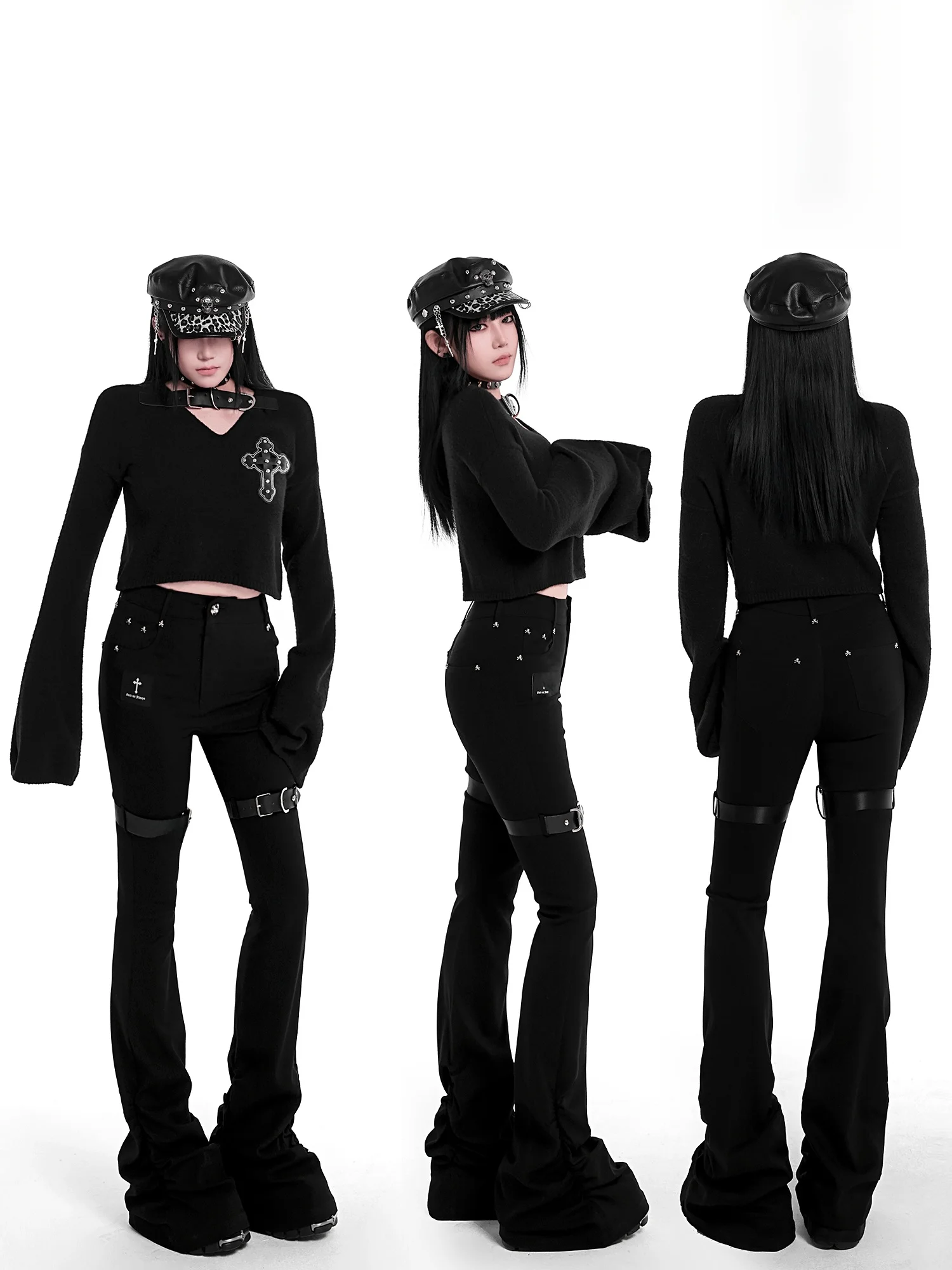 

Оригинальные женские осенние повседневные брюки с эластичным поясом на пуговицах, с декором в виде черепов и гвоздей, с отстегивающимся кольцом на ногу, в стиле панк, с колокольчиками на штанинах