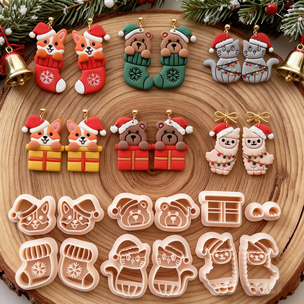 Christmas Animal Stocking Polymer Clay Cutters Santa Hat Corgi Bear Dog Shaped Pottery Clay Mold Earring Jewelry Embossing Tools