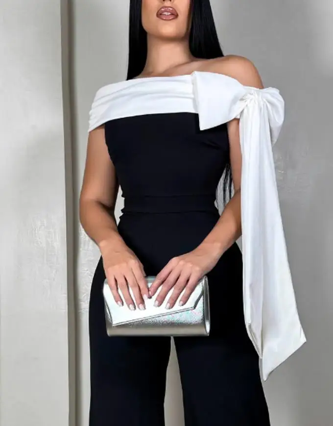 Jumpsuit Women 2025 Spring New Colorblock Bowknot Decor Off Shoulder Sleeveless Cinched Waist Jumpsuit Casual Wide Leg Jumpsuit