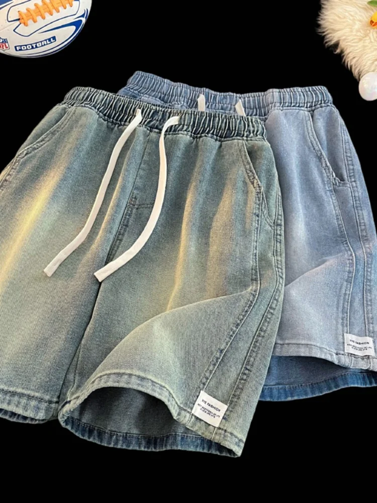 

Мужские летние тонкие свободные прямые повседневные джинсы-бриджи American Sle для подростков, модные брендовые брюки до колена с завязками