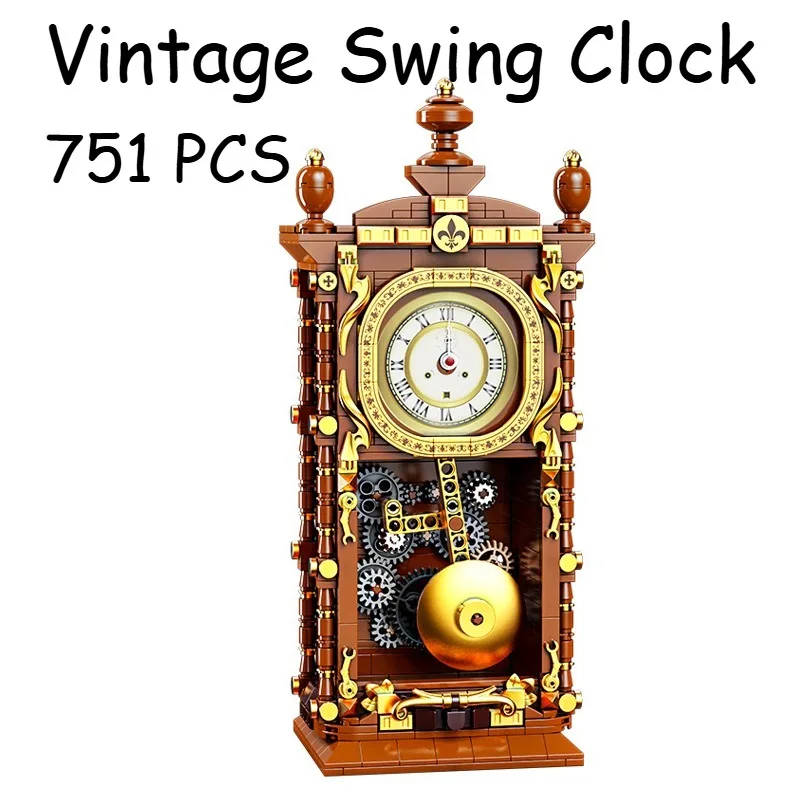 751-teilige Klassische Retro-Serie Vintage Pendeluhr mit Drehbarem Zifferblatt, Kreative Heimdekoration Bausteine Spielzeug Geschenke