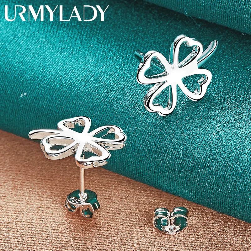 URMYLADY 925 Sterling Silver Four Leaf Clover Stud Earrings For Women Fashion Wedding Engagement Jewelry