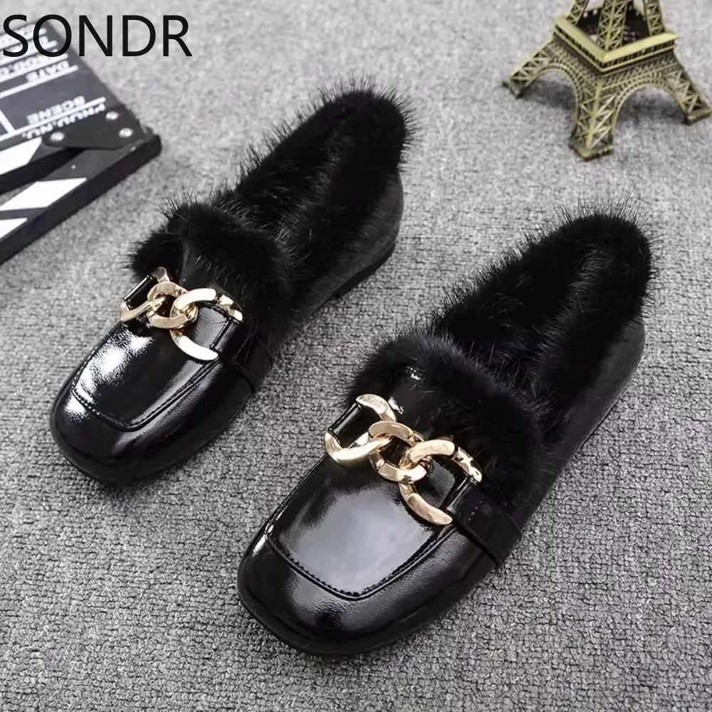 Womens Round Toe Real Mink Fur Loafers Metal Decor Warm Winter Slip on Shoes Low Heel New 2024