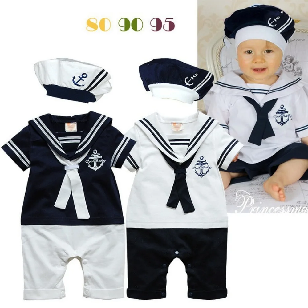 Baby Navy Romper Summer Newborn Kids Boys Girls Sailor Jumpsuit Hat 2Pcs Body Short Sleeve Anchor Printed Suit 70cm 80cm 90cm