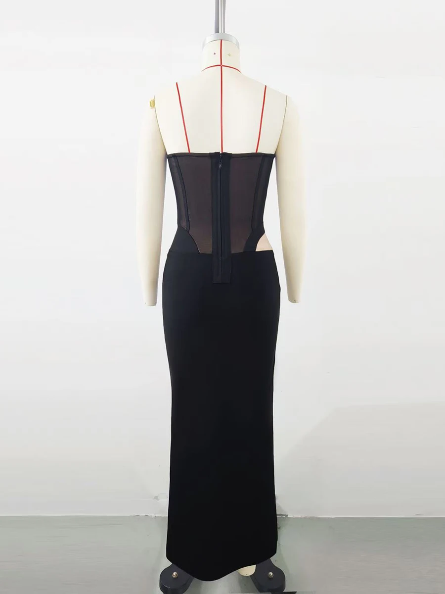 TWOTWINSTYLE Czarne ażurowe eleganckie sukienki damskie bez ramiączek, bez rękawów, prześwitująca seksowna długa sukienka, nowa moda damska