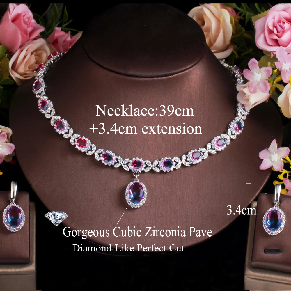 ANGELCZ Fashion Women Clothing Jewelry Set Inlay Oval AAA Cubic Zircon Colorful Stone Prom Earrings Necklace Set AJ140