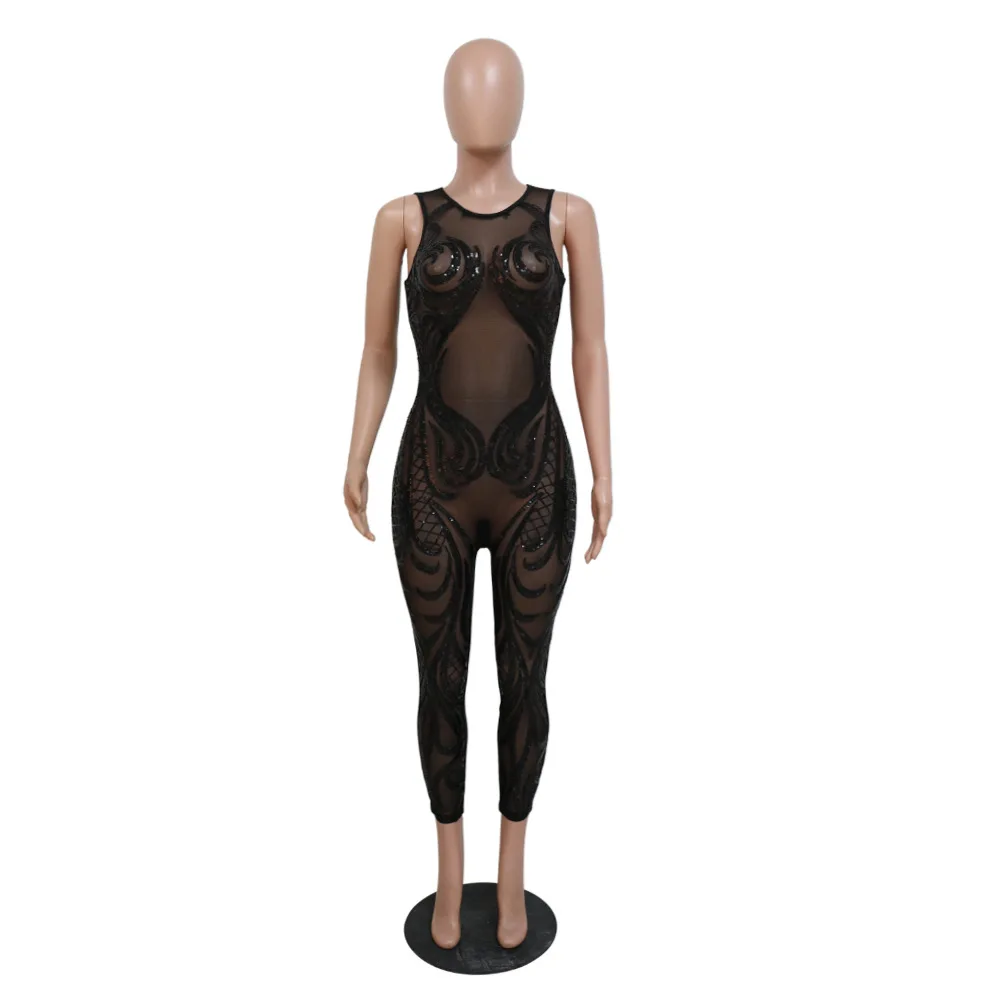 QILI-Sexy Black Sequins Jumpsuit, Sleeveless, Round Neck, Perspective, Polyester Mesh, Spliced, Beaded, Slim Fit Pants